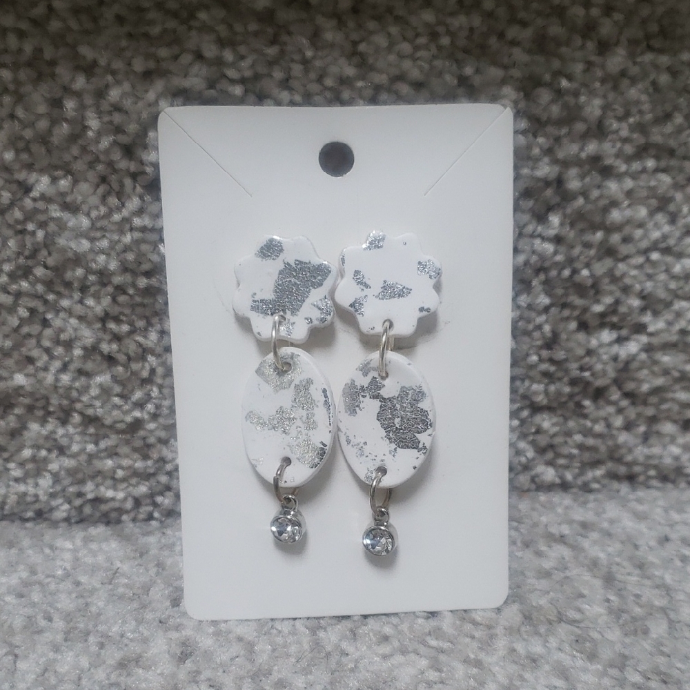 Elegant Silver and White Dangle Earrings Clay